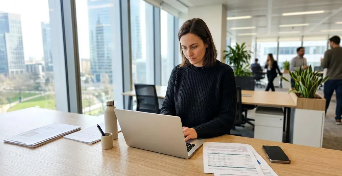 Un bureau moderne épuré avec un ordinateur portable ouvert et des documents financiers disposés sur une surface blanche lumineuse près d'une fenêtre