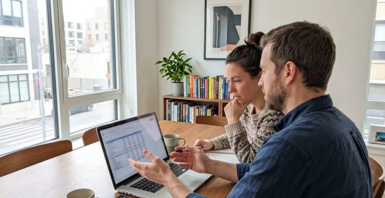 Un couple trentenaire assis côte à côte regarde attentivement l'écran d'un ordinateur portable posé sur une table contemporaine dans un intérieur lumineux