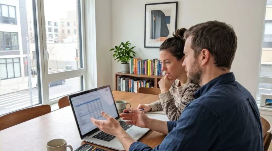 Un couple trentenaire assis côte à côte regarde attentivement l'écran d'un ordinateur portable posé sur une table contemporaine dans un intérieur lumineux