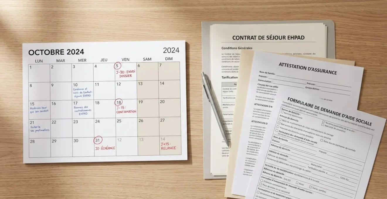 Bureau avec calendrier annoté montrant les étapes J-30 à J+15, documents administratifs d'assurance EHPAD et stylo