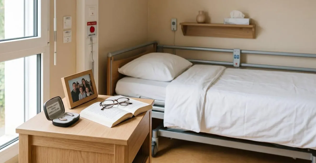 Table de nuit dans une chambre d'EHPAD avec effets personnels (lunettes, photos, appareil auditif) et lit médicalisé en arrière-plan