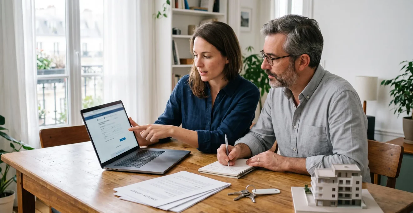 Deux futurs associés remplissent ensemble un formulaire de création de SCI en ligne sur un ordinateur portable posé sur une table, avec des brouillons de statuts à côté.
