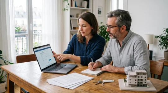 Deux futurs associés remplissent ensemble un formulaire de création de SCI en ligne sur un ordinateur portable posé sur une table, avec des brouillons de statuts à côté.