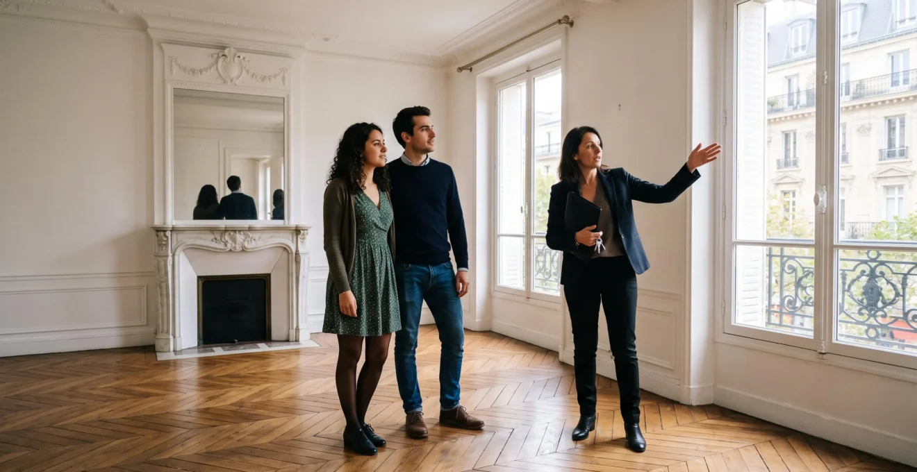 Un jeune couple visite avec une agente un appartement lumineux aux grandes fenêtres.