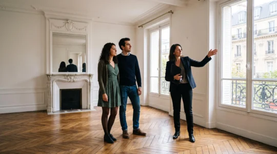 Un jeune couple visite avec une agente un appartement lumineux aux grandes fenêtres.