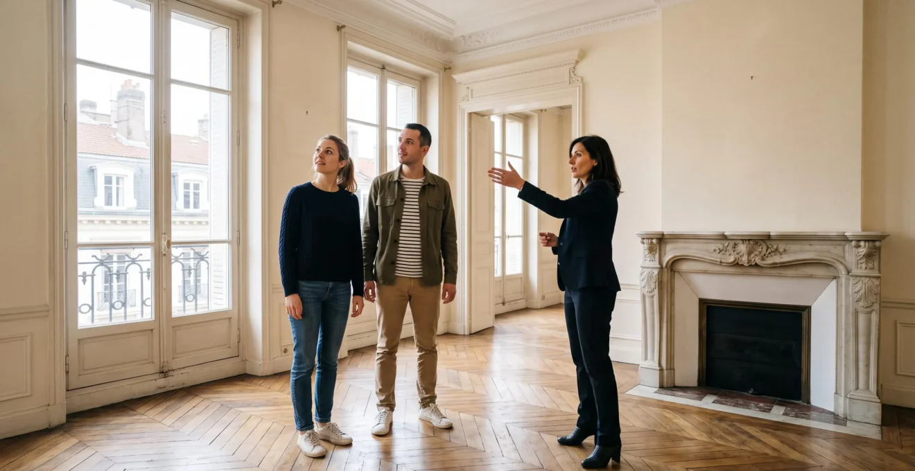 Un jeune couple visite avec une agente un appartement lumineux aux grandes fenêtres.
