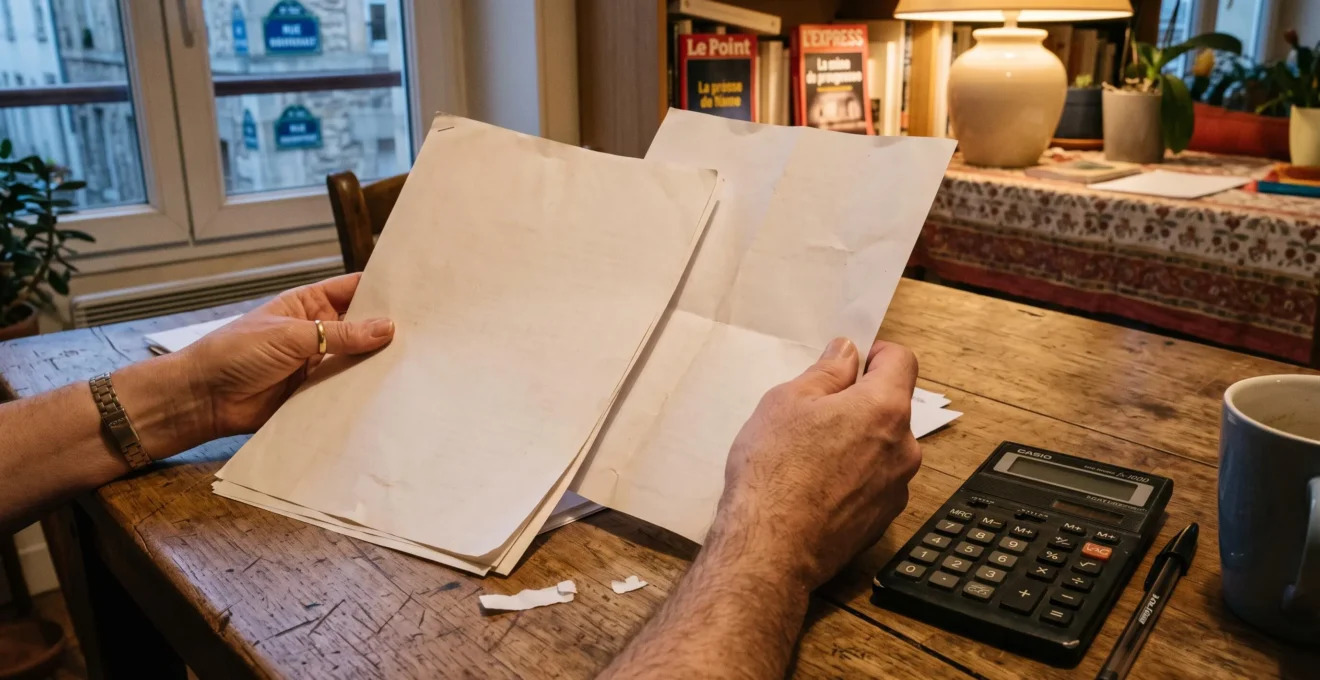 Deux mains posent des papiers près d'une calculatrice sur une table en bois domestique.