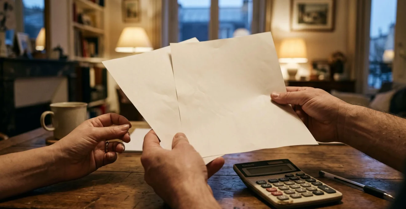 Deux mains posent des papiers près d'une calculatrice sur une table en bois domestique.