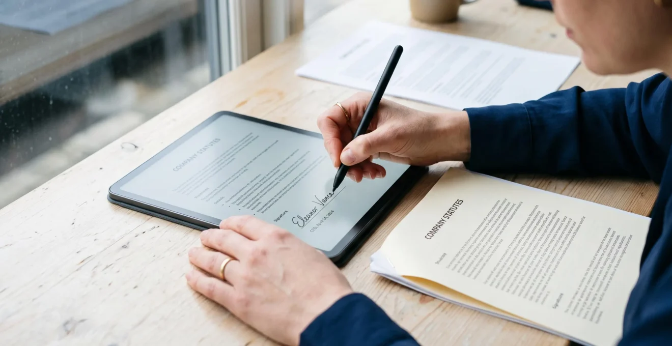 Une personne signe électroniquement les statuts de sa SCI sur une tablette posée sur une table, le document imprimé à côté.